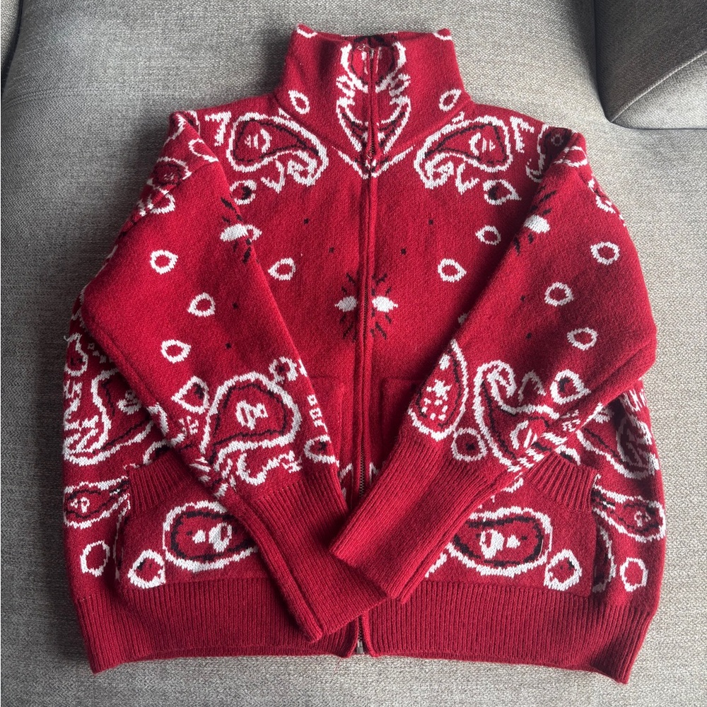 Red Patterned Cowl Zip Sweater